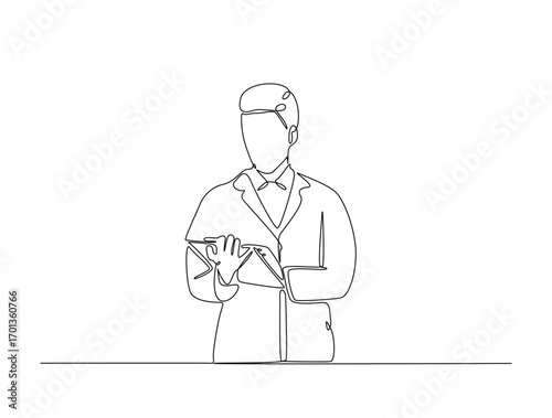 Continuous line art drawing of handsome businessman reading document. Businessman holding paper in single line art drawing vector illustration. Editable stroke.