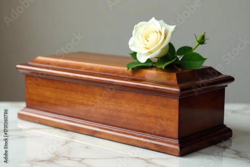 A polished wooden casket rests on a marble surface, adorned with a single, elegant white rose, signifying a solemn anniversary remembrance , solemn, respect, memorial