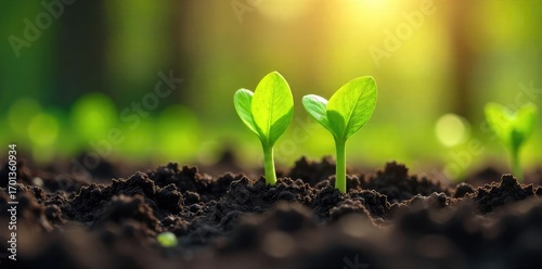 Fresh green shoots emerge from the thawing earth, sunlight warming the damp soil; a vibrant display of springtime's cool renewal , nature, foliage