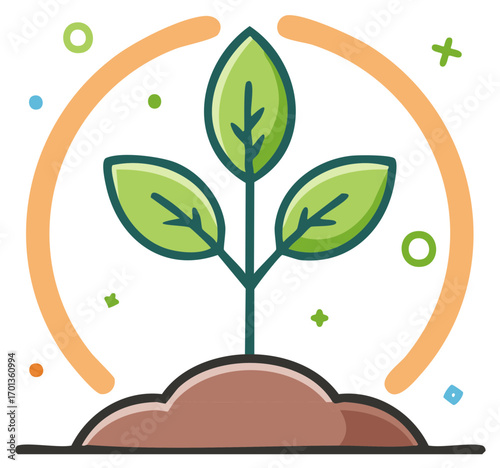 Green sprout growing in soil with protective circle and colorful dots