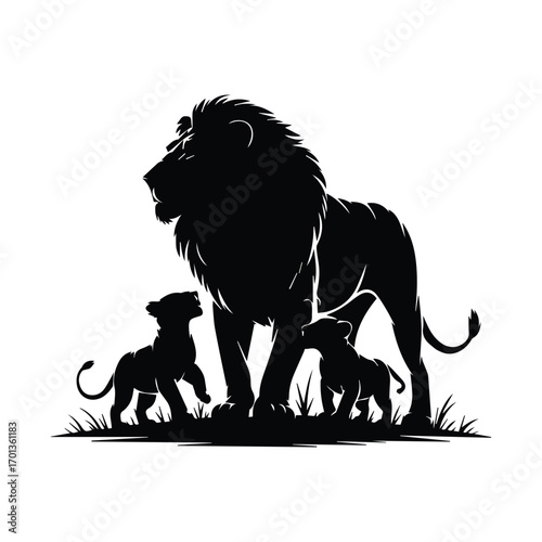 Majestic Lion and Cubs Silhouette Illustration Pride and Protection Symbolism Design