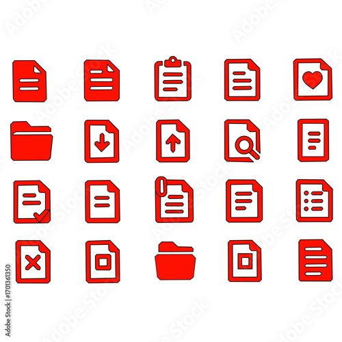 Red Document and Folder Icon Set – Digital File Management UI Pack