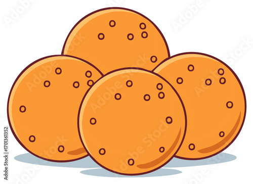Vibrant cartoon illustration of stacked orange round food items featuring a dotted texture.