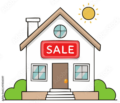 Cartoon Home for Sale with Sunny Weather, Perfect for Real Estate Marketing