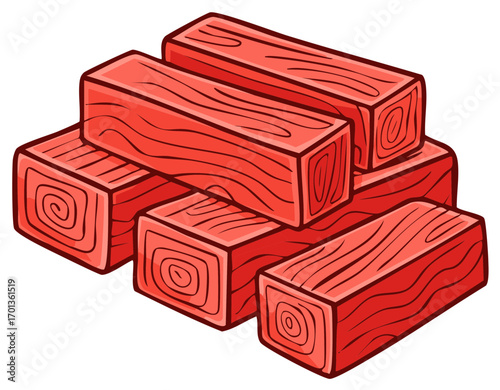Vibrantly Red Stacked Wood Blocks Cartoon Illustration Showing Lumber Pile