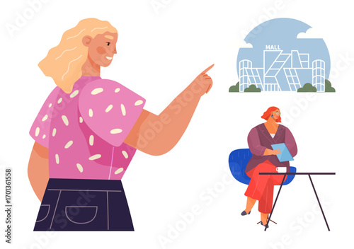 Woman gestures excitedly toward a mall seated person reads papers at a desk. Ideal for decision-making, shopping, planning, teamwork, goals, business, communication. A simple flat metaphor