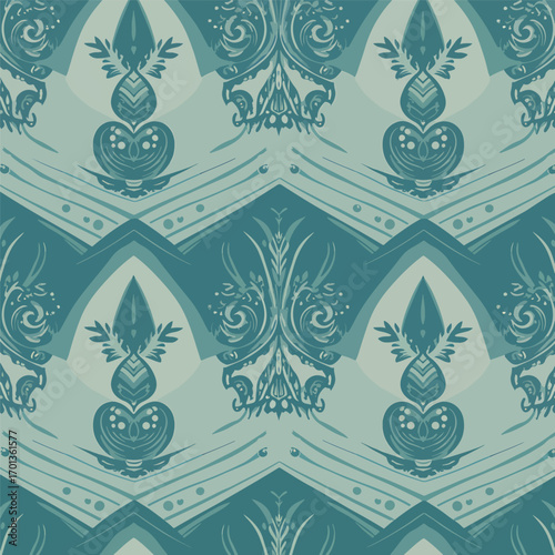 Seamless teal pattern with decorative motifs for textile design and backgrounds, seamless pattern, Stock royalty image.