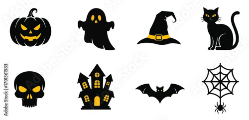 A halloween themed image featuring a pumpkin ghost witch hat cat skull house bat and spider web icons