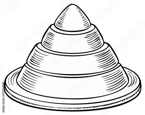Black and White Drawing of a Tiered Conical Object