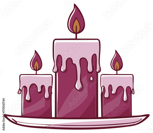 Decorative pink purple holiday candles with dripping wax, bright flames, and cartoon illustration style for festive celebrations, spirituality, and home decor