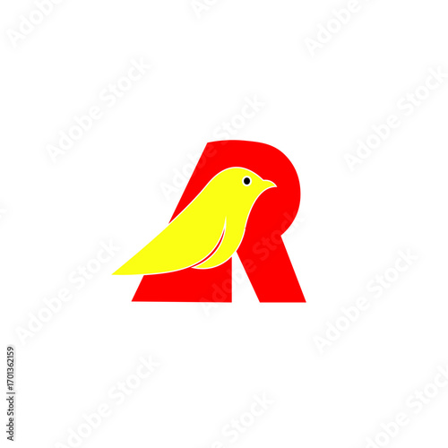 Red letter R with a yellow canary bird, simple modern logo design concept for company branding and identity