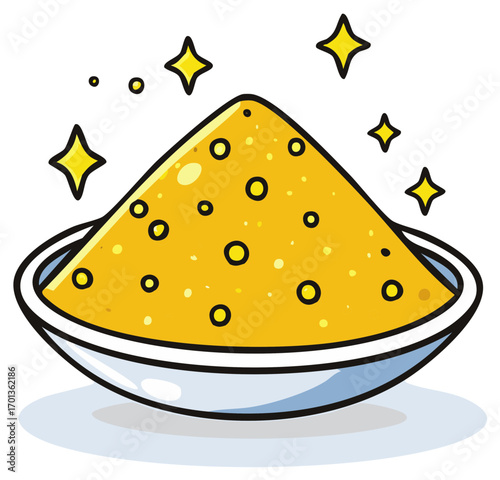 Bright yellow powder with circles in a white bowl with sparkling stars