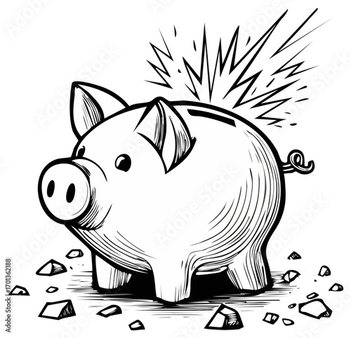 Breaking piggy bank on the floor in black and white drawing style illustrating savings and investments concept