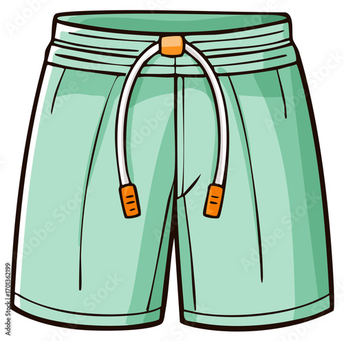 Illustrated casual shorts with drawstring, mint color, summer apparel.