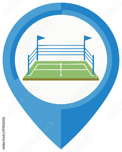 Location pin showing a tennis court, flags on posts, outdoor athletic court for location-based service apps and mapping imagery