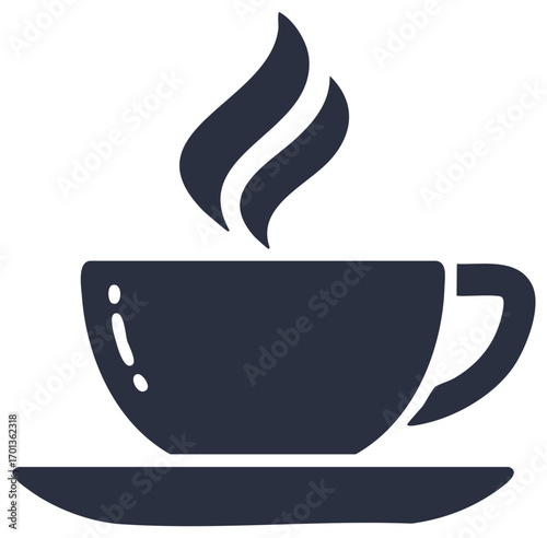 Simple silhouette icon of a steaming hot coffee or tea cup on a saucer for a cafe or morning concept