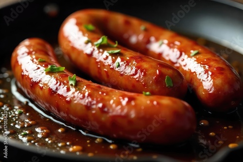 A close-up shot of a juicy, homemade sausage, sizzling in a pan, ready to be served  The texture and color are vibrant, highlighting the quality ingredients , delicious, pork, traditional
