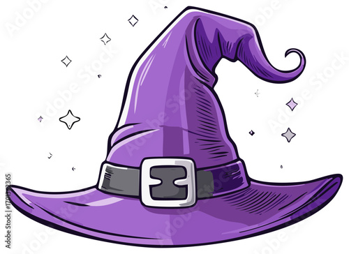 Whimsical Purple Witch Hat Illustration with Buckle and Sparkling Stars Halloween Decoration Concept