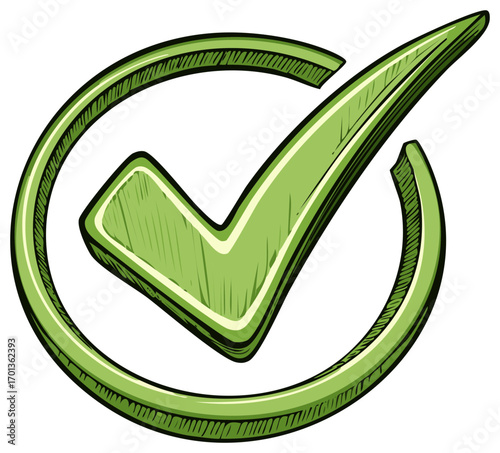 Green check mark symbol in circle, hand drawn style, acceptance and confirmation concept