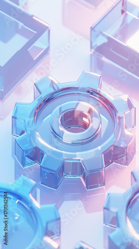Translucent Blue Gears in a Futuristic Setting