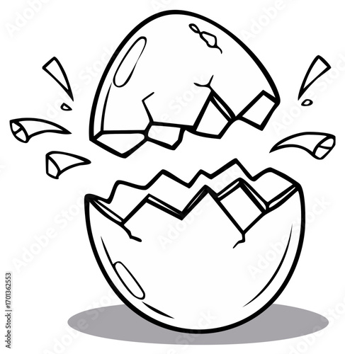 Cartoon illustration of a cracked eggshell breaking open with small pieces
