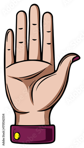 Cartoon hand with open palm and fingers raised showing five digits in a vibrant stylistic illustration
