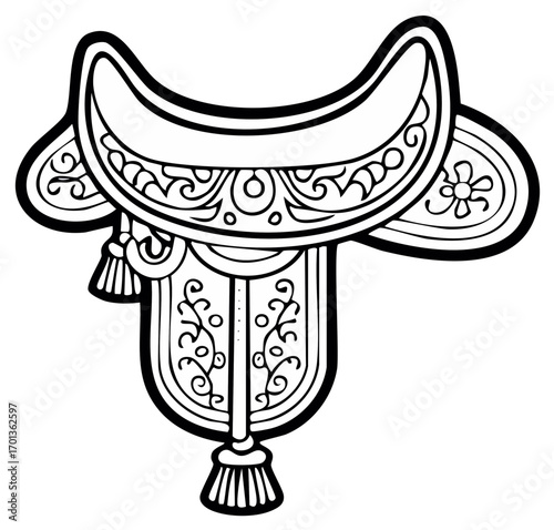 Stylized horse saddle illustration with decorative scrollwork and ornate details