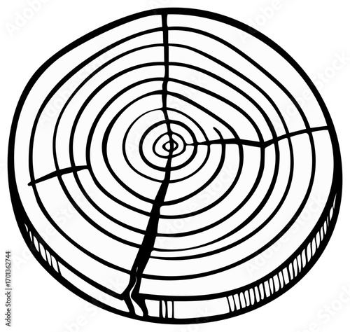 Detailed hand drawn illustration of a tree trunk cross section showing growth rings and cracks