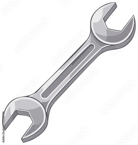 Vector illustration of a shiny metallic double open-ended wrench for construction and repair work