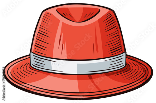 Retro style red fedora hat with a white band illustration