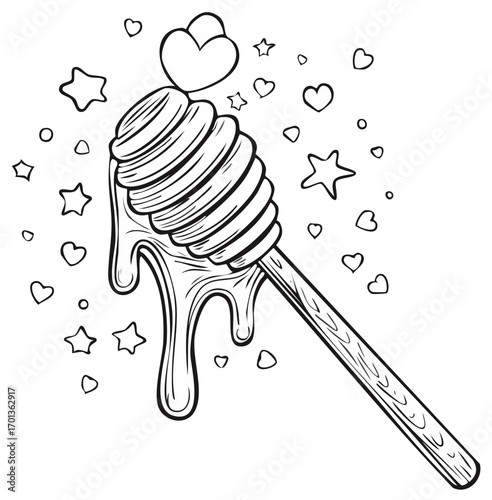 Hand Drawn Honey Dipper with Dripping Honey, Hearts, and Stars
