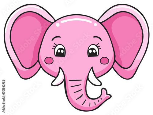 Cute pink baby elephant face with big ears smiling happily and looking forward