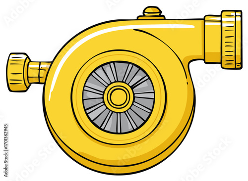Yellow cartoon turbocharger illustration for automotive engine power boost