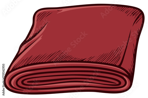 Rolled red fabric illustration. Folded textile,  sketch style.