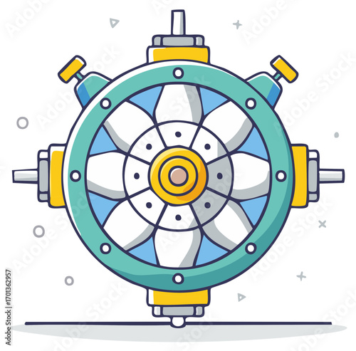 Stylized industrial mechanical device with rotating turbine blades and connecting shafts