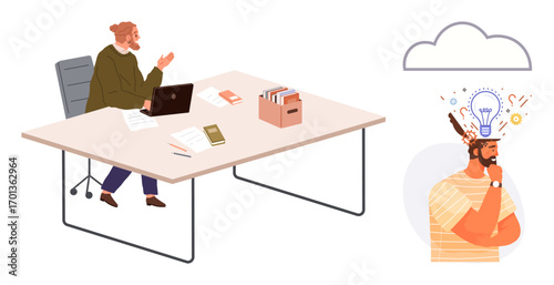 Man working with laptop, gesturing at desk with documents and files, visualizing ideas with lightbulb and cloud. Ideal for creativity, teamwork, productivity, innovation, brainstorming, planning