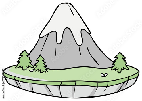 Cartoon floating island with a snow capped mountain and pine trees illustration