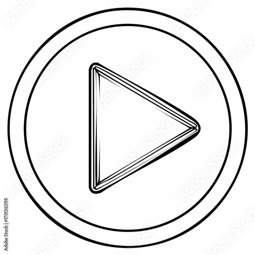 Simple stylized play button icon in black and white outline drawing