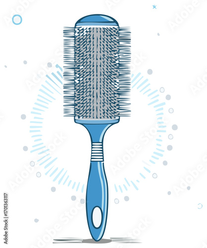 Illustrated Hairbrush with Round Head and Blue Handle Depicted in a Beauty Concept