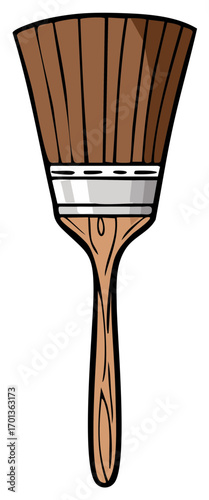 Vector illustration of a new brown handled paintbrush with bristles and metal ferrule