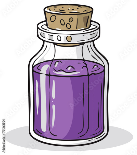 Illustration of a Cartoon Potion Bottle Filled with Purple Liquid, Magic Concept