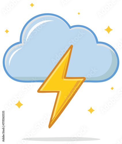 Cartoon illustration of a cloud with lightning bolts and sparkling stars.