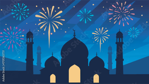 Illustration of a night view with a silhouette of a mosque and fireworks in the sky vector design template