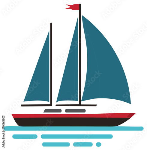 Illustration of a sailing boat with a red flag atop a mast on stylized water.