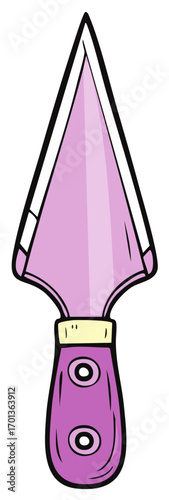 Cartoon illustration of a pink trowel gardening hand tool with a black outline.