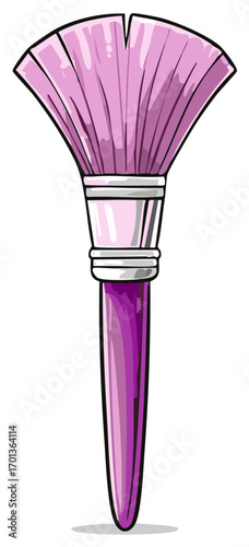 Pink fan makeup brush with a purple handle for applying cosmetics in a cartoon vector style
