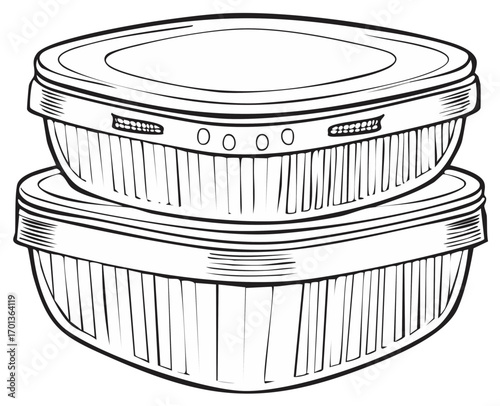 Stacked takeout food containers with lids in a black and white line art illustration