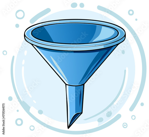 Blue Plastic Funnel with Bubbles Illustration for Filtering and Pouring Liquid