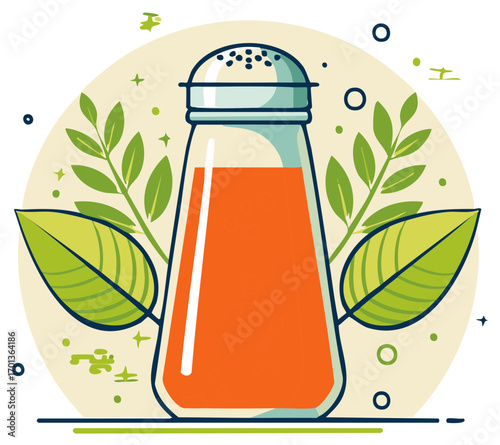 Glass shaker with orange liquid and green leaves for seasoning and cooking