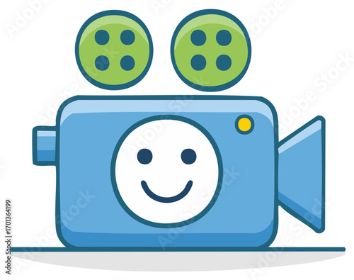 Cartoon video camera with a happy smiley face and film reels